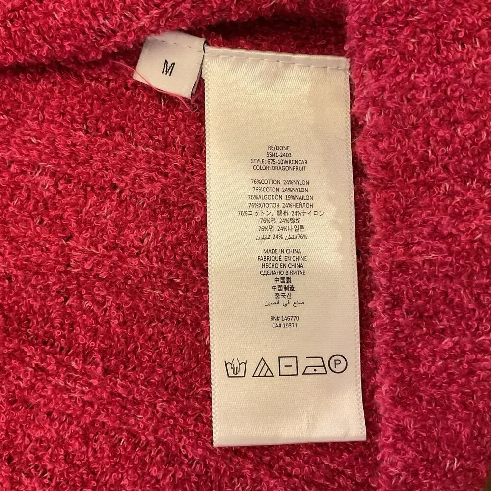 RE/DONE Terry Ribbed‎ Cardigan Dragonfruit Pink Sweater Size Medium NWT $350